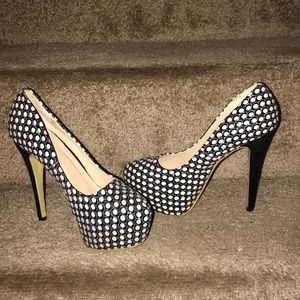 Black and white polka dot heels